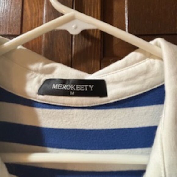 Blue and White Striped MEROKEETY Polo Shirt - Picture 3 of 3